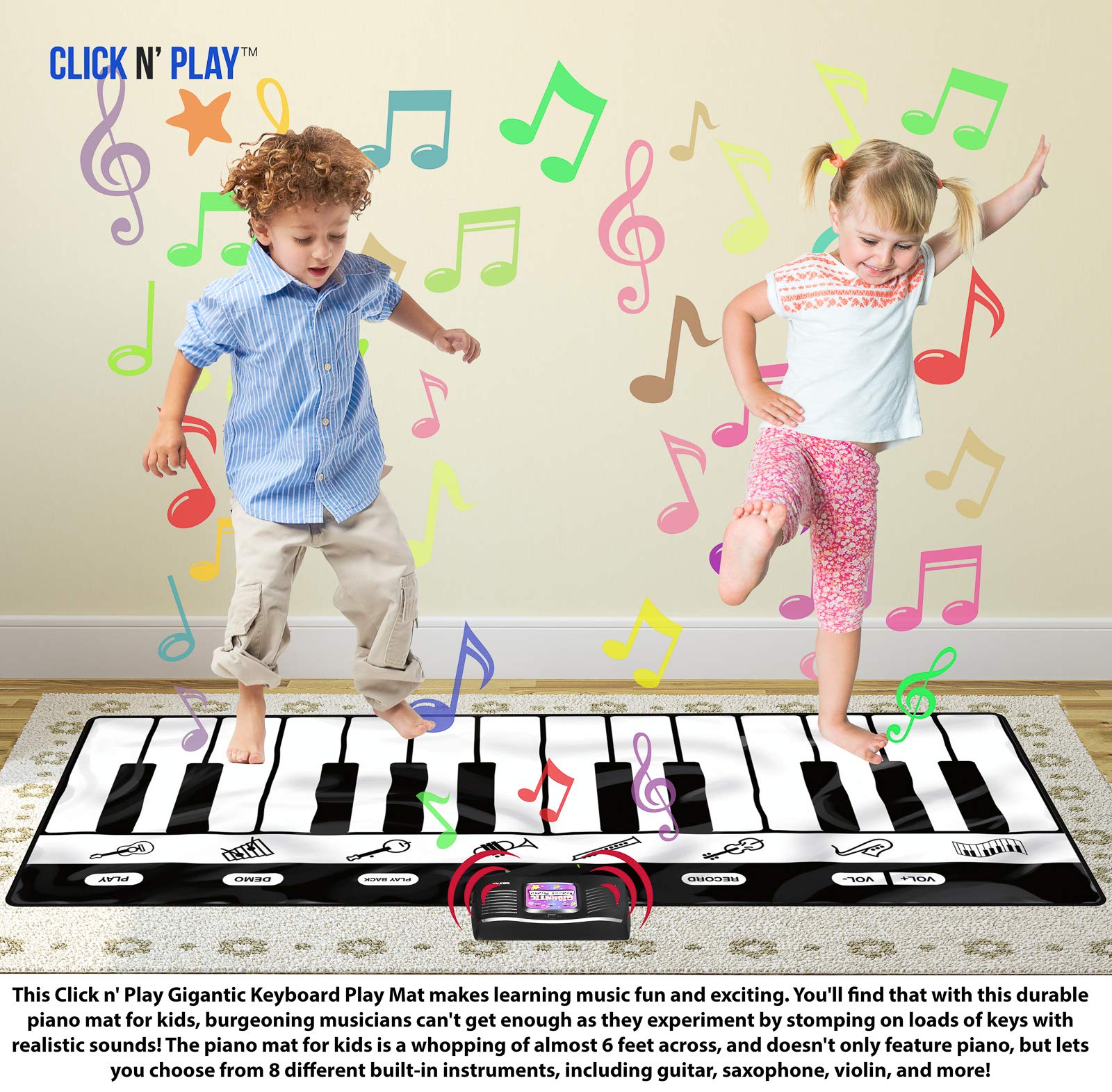 Giant Piano Mat, Click N' Play Piano Keyboard for Floor with 24 Keys, 4 Unique Play Modes, 8 Musical Instrument Sounds, Musical Gift for Kids 3+ and Toddlers