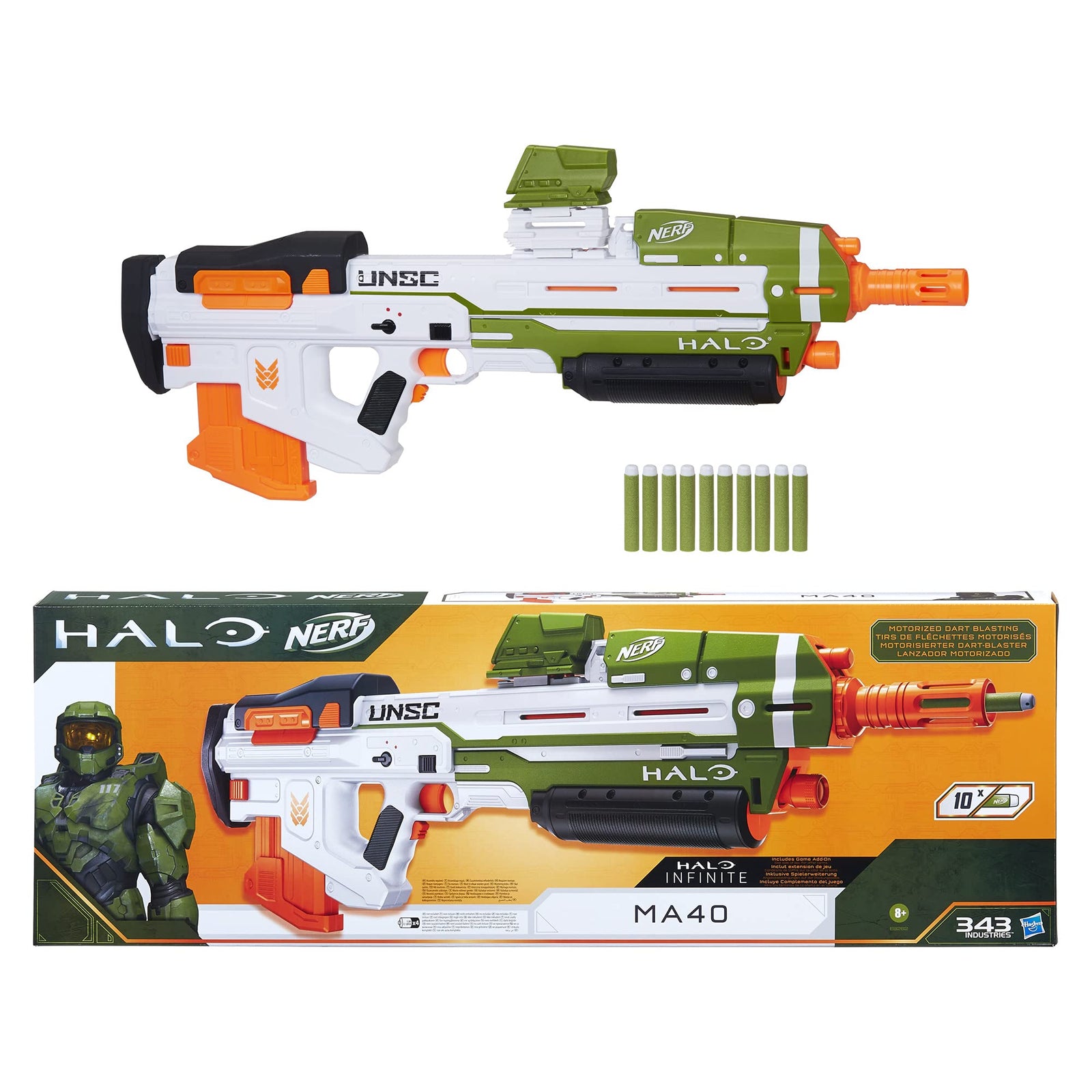 NERF Halo MA40 Motorized Dart Blaster -- Includes Removable 10-Dart Clip, 10 Official Elite Darts, and Attachable Rail Riser , White