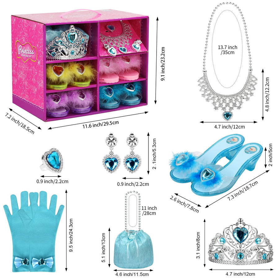 Princess Dress Up Shoes Set Girls Role Play Shoes Pretend Jewelry Toys Set Gift Set 4 Pairs of Shoes Kit Collection of Tiara Crown Earrings Necklace Rings Handbag Gloves for Girls Aged 3-6 Years Old