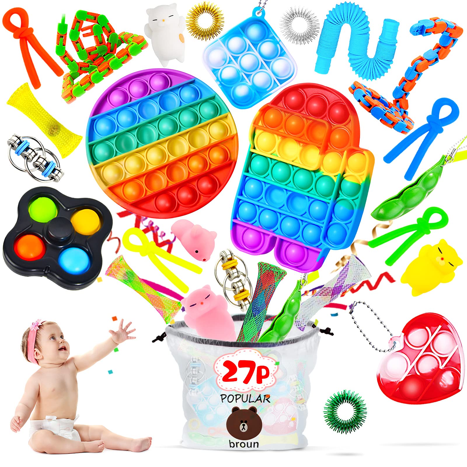 SHARLOVY Fidget Toy Pack Pop 27P Sensory Squeeze Figet Toys Packages Fidget Kit Box Figetsss Toys Sets Fidgets for Girls 10-12 Boys Toddlers ADHD Autism Kids