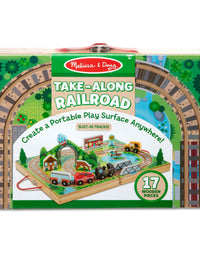 Melissa & Doug 17-Piece Wooden Take-Along Tabletop Railroad, 3 Trains, Truck,Play Pieces, Bridge
