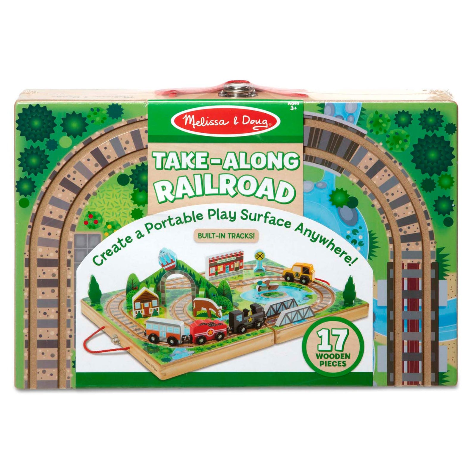 Melissa & Doug 17-Piece Wooden Take-Along Tabletop Railroad, 3 Trains, Truck,Play Pieces, Bridge