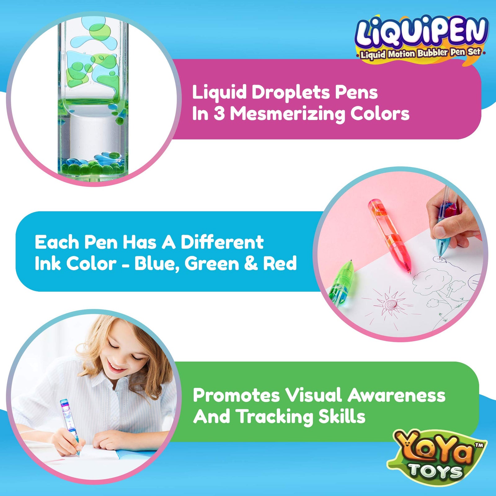 YoYa Toys Liquipen - Liquid Motion Bubbler Pens Sensory Toy (3 Pack) - Writes Like a Regular Pen - Colorful Liquid Timer Pens Great for Stress and Anxiety Relief - Cool Fidget Toys for Kids and Adults