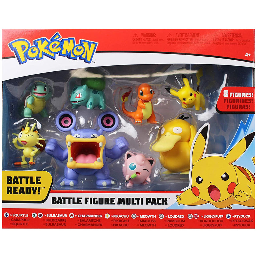 Pokemon Battle Figure 8-Pack - Comes with 2” Pikachu, 2” Bulbasaur, 2” Squirtle, 2” Charmander, 2” Meowth, 2" Jigglypuff, 3” Loudred, and 3” Psyduck
