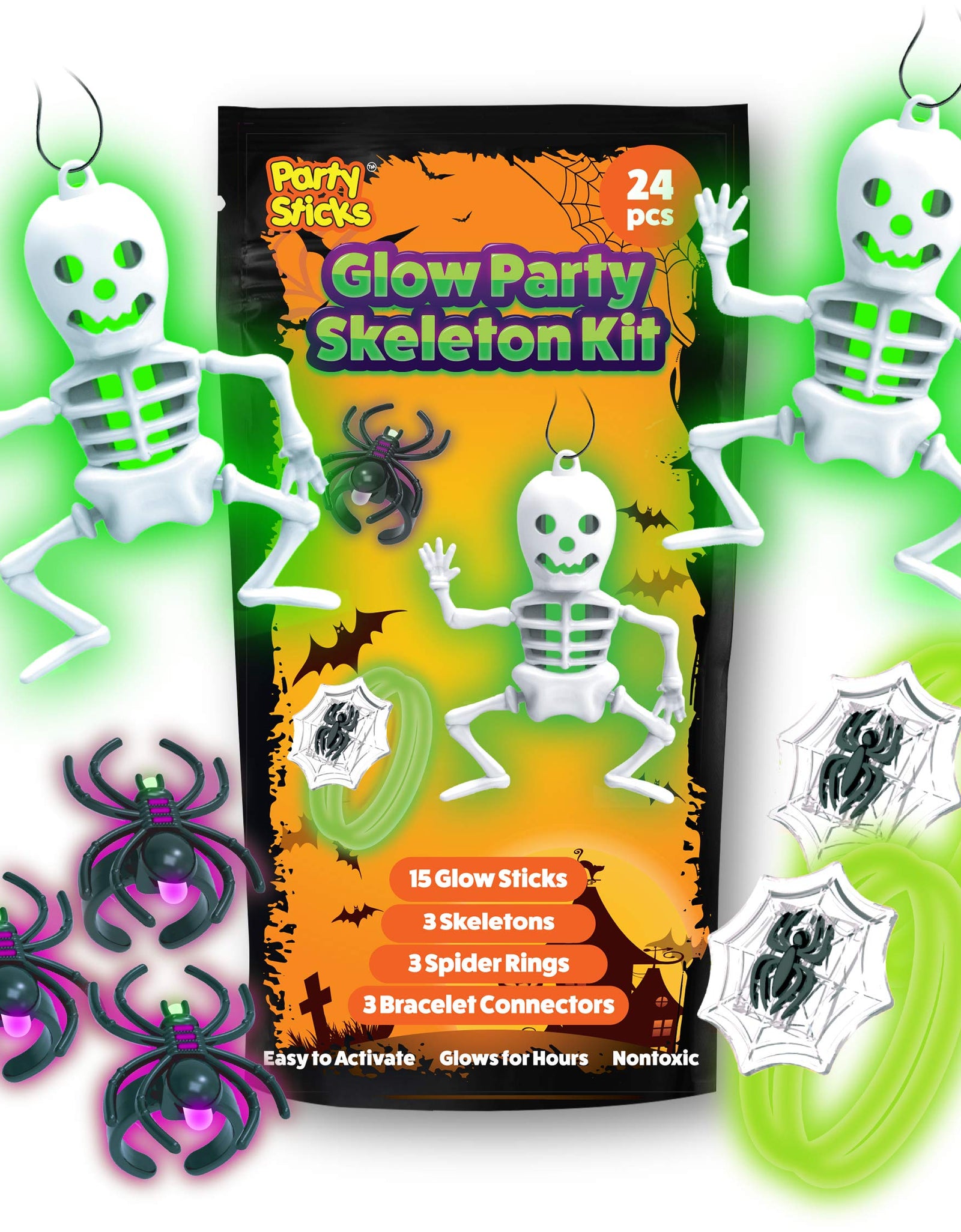 PartySticks Glow Party Skeleton Kit Party Favors for Kids - 24pk Glow in The Dark Party Decorations with 15 Glow Sticks, 3 Skeletons, 3 Spider Rings, and 3 Glow Bracelet Connectors