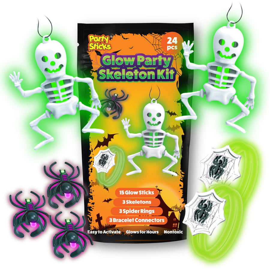 PartySticks Glow Party Skeleton Kit Party Favors for Kids - 24pk Glow in The Dark Party Decorations with 15 Glow Sticks, 3 Skeletons, 3 Spider Rings, and 3 Glow Bracelet Connectors