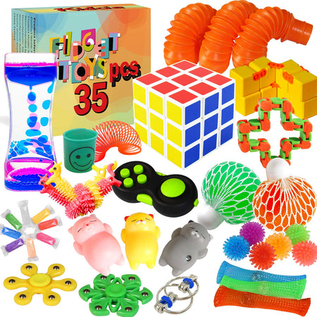 Kidcia Fidget Toys, 35 PCS Sensory Toys for Adults / Kids / ADHD / Autistic / ADD / OCD to Release Anxiety / Autism with Marble Mesh & Liquid Motion Timer, Gifts for Birthday / Classroom Reward