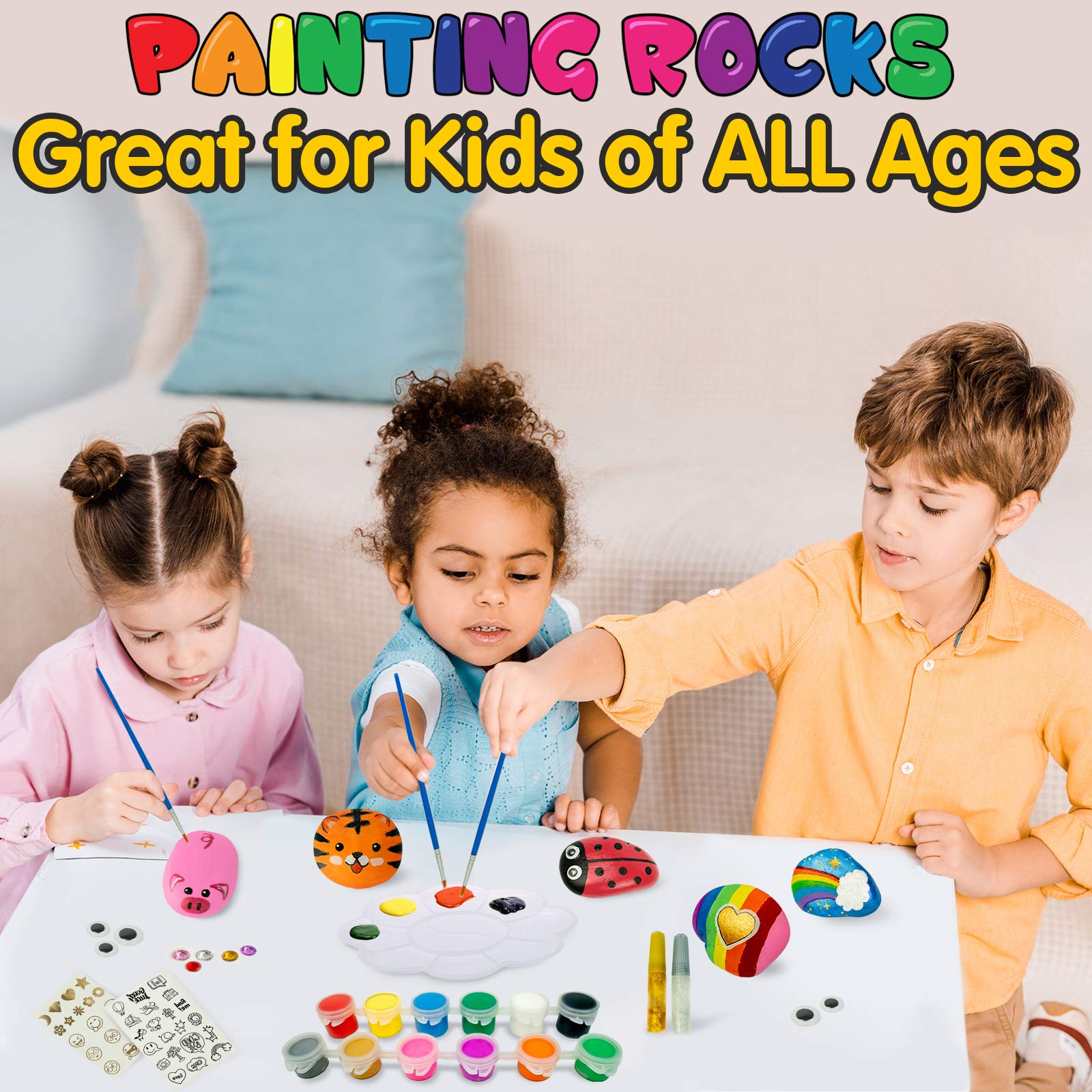 JOYEZA Deluxe Rock Painting Kit, Arts and Crafts for Girls Boys Age 6+ , 12 Rocks, Best Tween Gift Art Set, Waterproof Paints, All-inclusive Craft Kits Art Supplies, Kids Activities Age 4 5 6 7 8 9 10