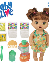 Baby Alive Magical Mixer Baby Doll Tropical Treat with Blender Accessories, Drinks, Wets, Eats, Brown Hair Toy for Kids Ages 3 and Up
