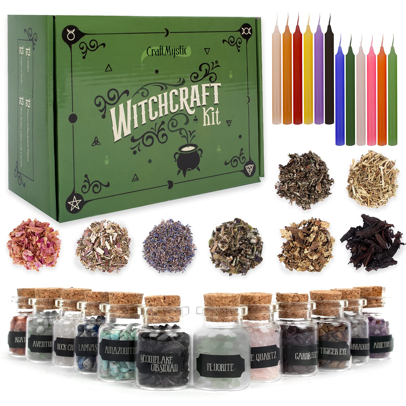 Witchcraft Supplies Box for Wiccan Spells – 36 Pack of Crystals Dried Herbs and Colored Magic Candles for Beginners Experienced Witches Pagan Spell-Versatile Tools Gifts Packaging Baby Toy Craft