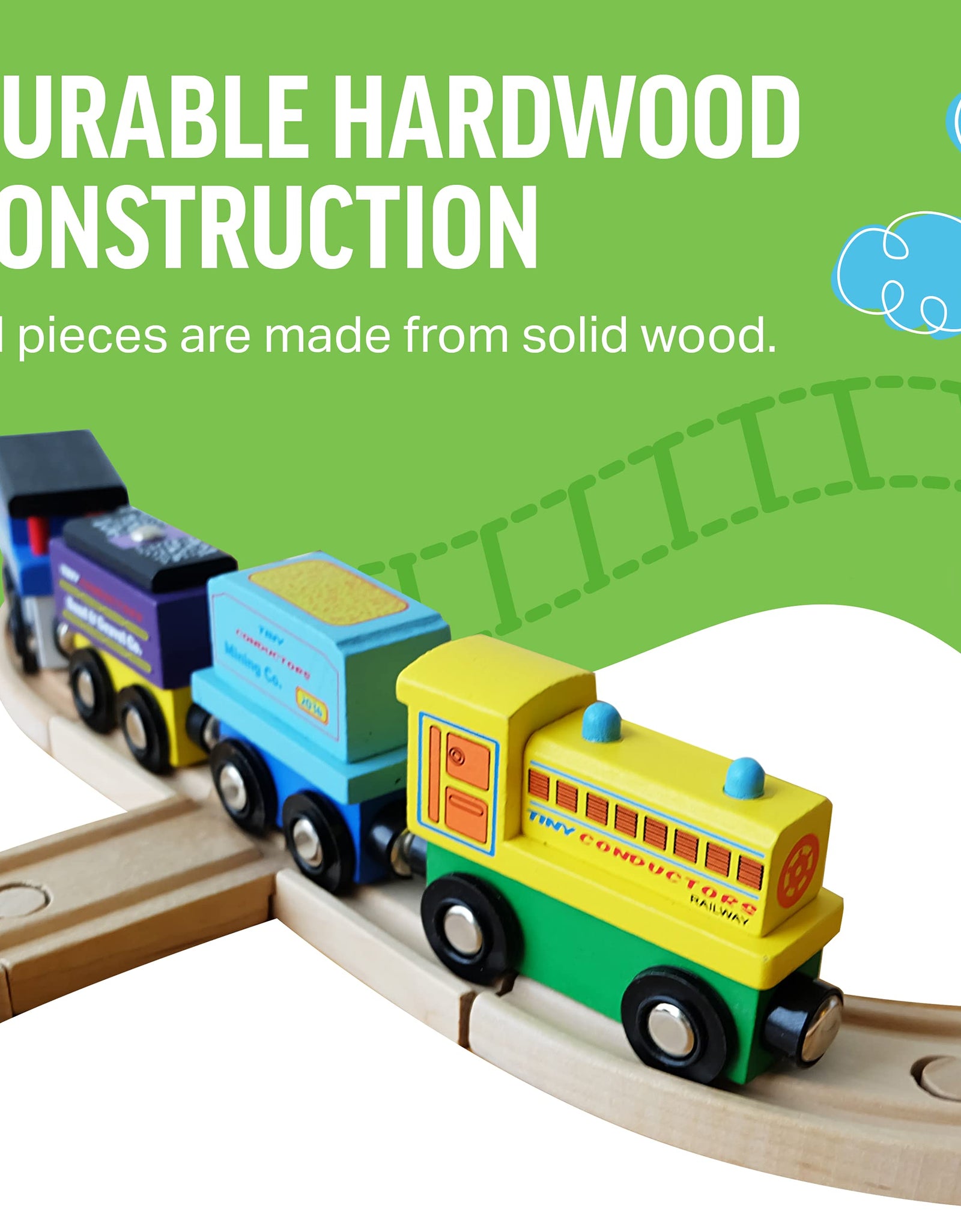 Tiny Conductors 12 Wooden Train Cars, 1 Bonus Crane, 4 Bonus Connectors, Locomotive Tank Engines and Wagons for Toy Train Tracks, Compatible with Thomas Wood Toy Railroad Set (Trains)