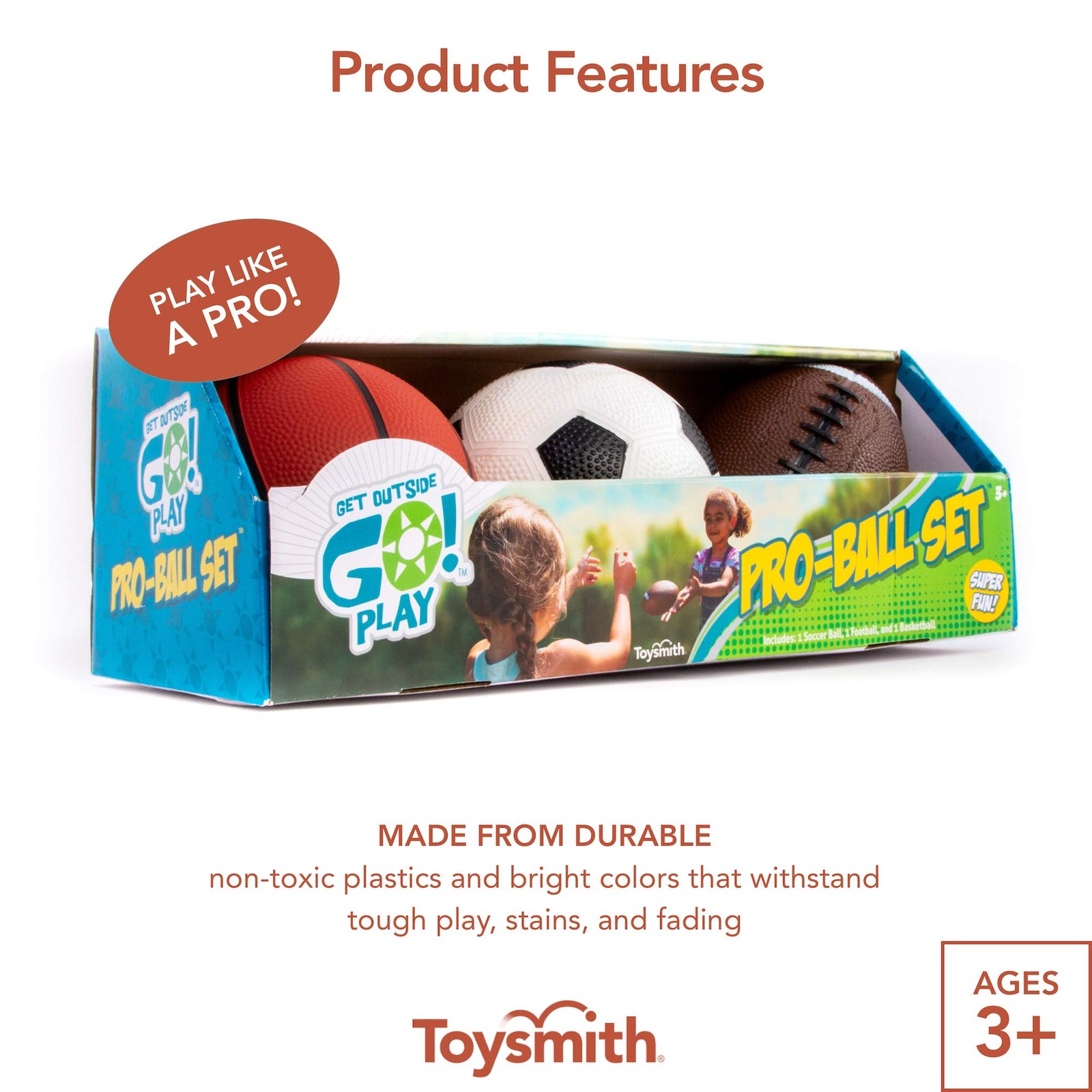 Toysmith Get Outside GO! Pro-Ball Set, Pack of 3 (5-inch soccer ball,6.5-inch football and 5-inch basketball)