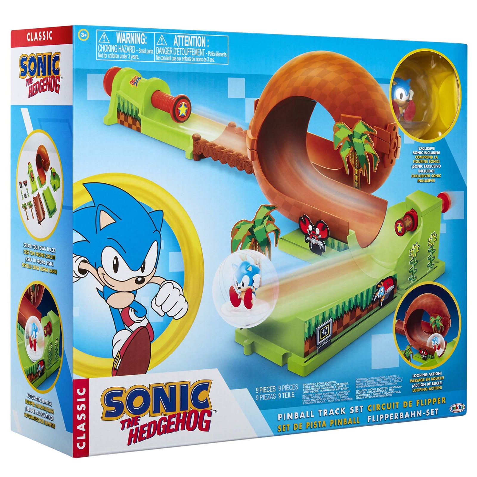 Sonic The Hedgehog Pinball Green Hill Zone Pinball Track Play Set, 9 Piece, with Looping Action & Automatic Bumper Exclusive Sonic Sphere Included, for Ages 3+