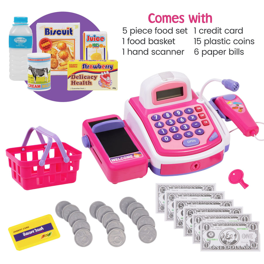 Prextex Pretend Play Store Electronic Toy Cash Register for Kids - STEM Toy with Mic Speaker and Play Money Included