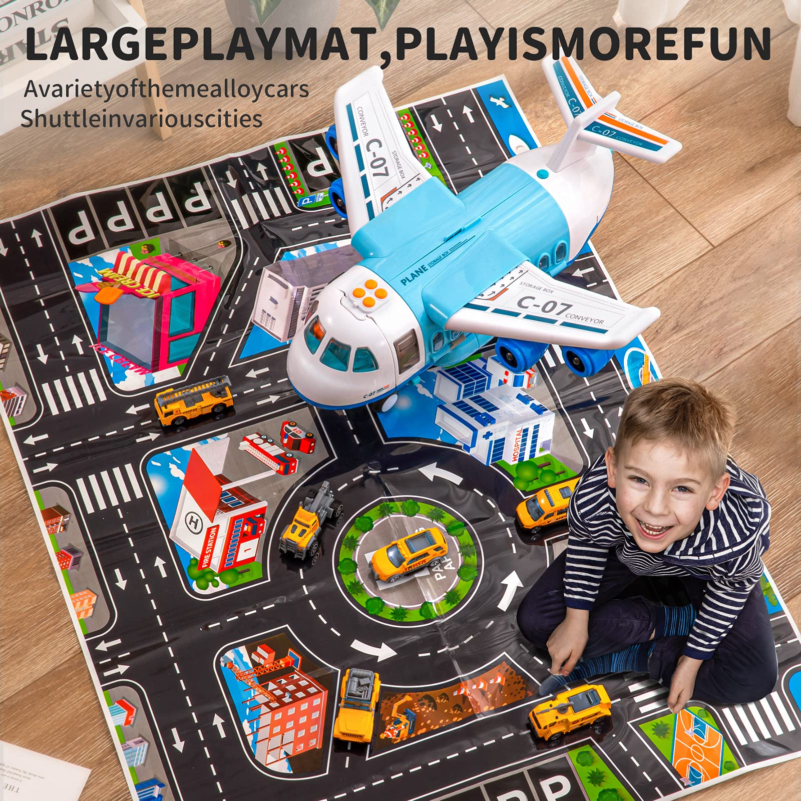 TEMI Mist Spay Storage Transport Plane Cargo with 6 Free Wheel Diecast Construction Vehicles and Playmat, Kids Toy Jet Aircraft with Lights & Sounds for 3 4 5 6 Years Old Boys and Girls