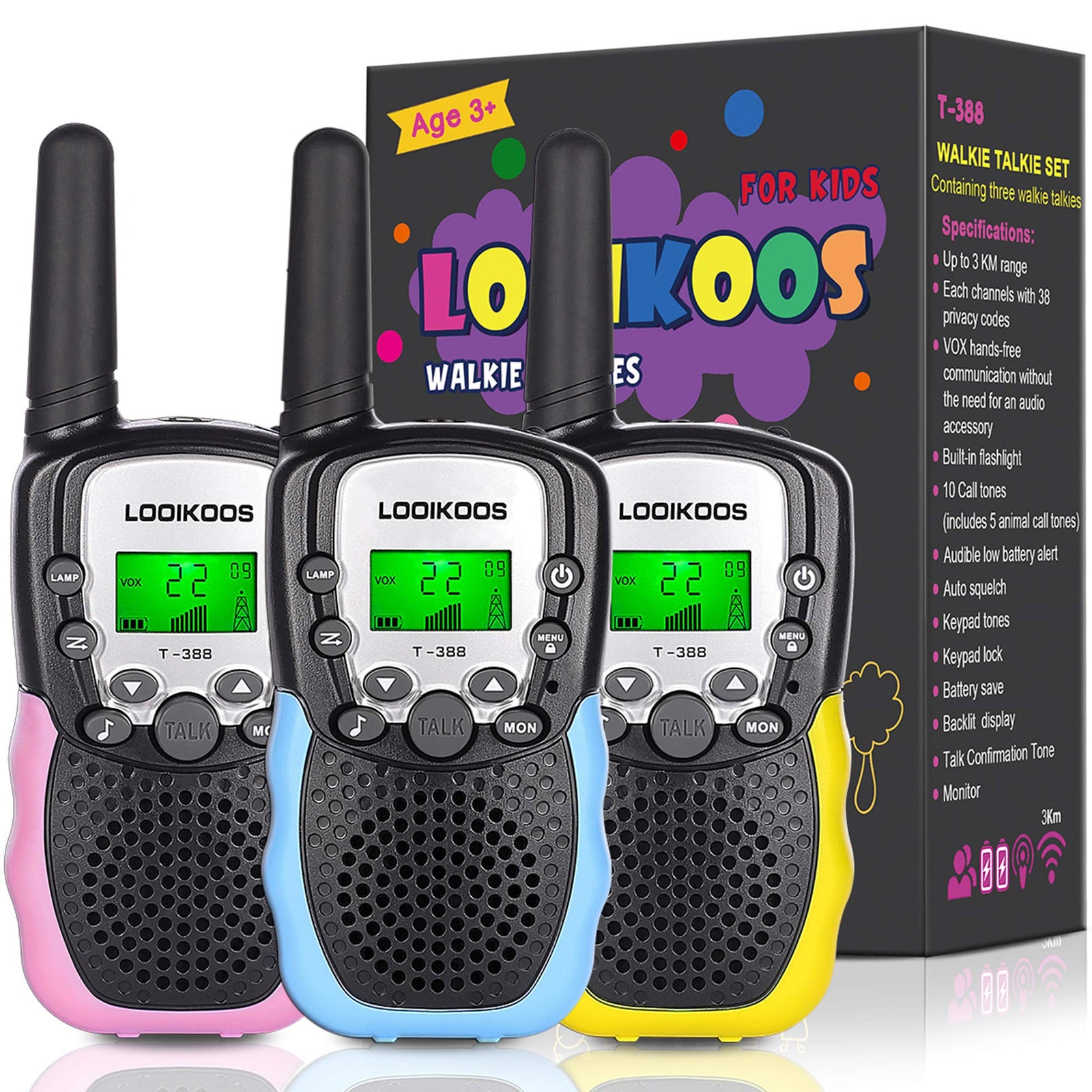 LOOIKOOS Walkie Talkies for Kids, 3 KMs Long Range Children Walky Talky Handheld Radio Kid Toy Best Gifts for Boys and Girls 3 Pack