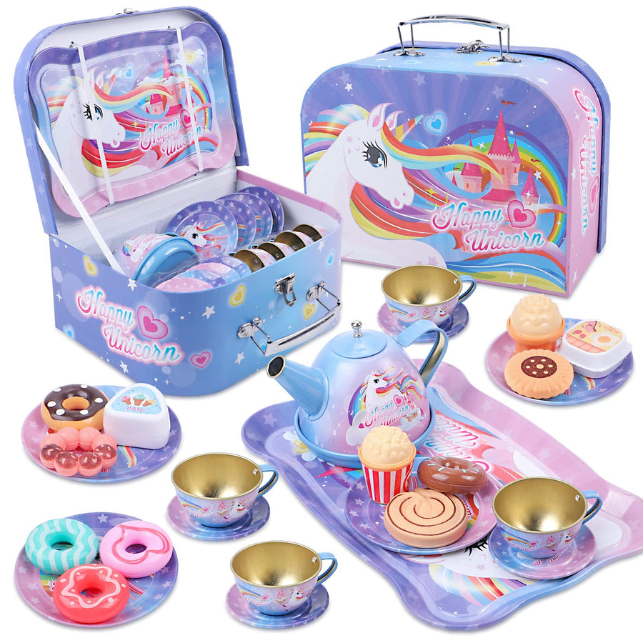 Golray 27Pcs Kids Tea Party Set for Little Girls Unicorn Gift Pretend Toy Tin Tea Set & Carrying Case & Food Sweet Treats Playset, Princess Tea Time Kitchen Pretend Play Tea Set Toys