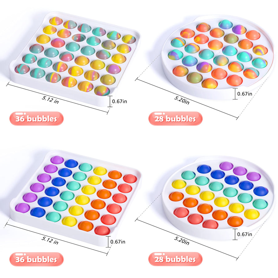 CocoKool 4-Pack Push Pop Bubble Fidget Sensory Toys, Autism Special Needs Silicone Pressure Reliever Toys, Anti-Anxiety Squeeze Sensory Toys for Kids Teens Adults (Round+Square, Mixcolor+Rainbow)