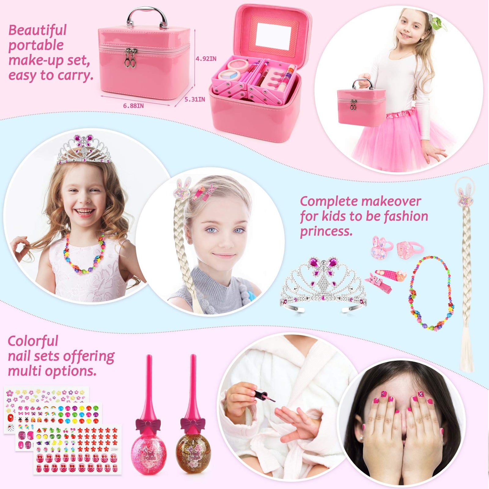 Balnore Kids Makeup Kit for Girl, 34 Pcs Real Kids Makeup Set, Washable Makeup Kit Toys for Little Girls with Fashion Portable Makeup Box Including Princess Crown, Braid Wig, Lipstick, Eye Shadows