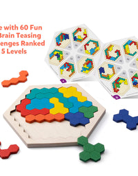 Coogam Wooden Hexagon Puzzle for Kid Adults - Shape Pattern Block Tangram Brain Teaser Toy Geometry Logic IQ Game STEM Montessori Educational Gift for All Ages Challenge
