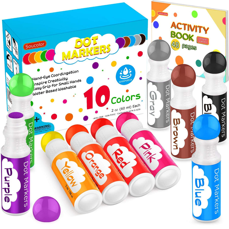 Washable Dot Markers for Toddlers Kids Preschool, 10 Colors 2 oz Kids Markers Set with 48 Pages Tearable Activity Book for Toddler Arts and Crafts Kits Supplies, Non-Toxic Water-Based Paint Dauber