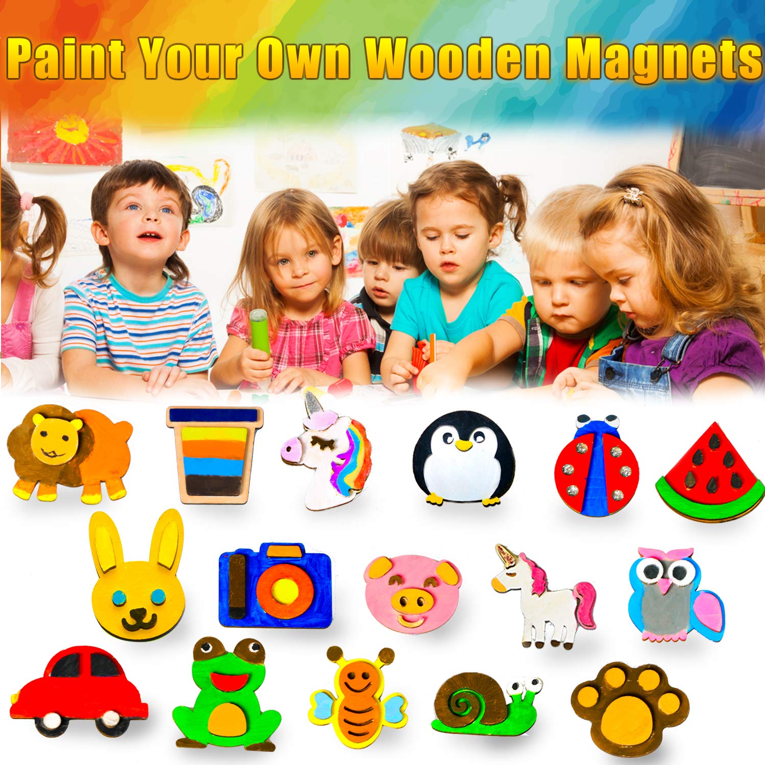 YOFUN Paint Your Own Wooden Magnet - 26 Wood Painting Craft Kit and Art Set for Kids, Art and Craft Supplies Party Favors for Boys Girls Age 4 5 6 7 8, Easter Crafts & Basket Stuffers