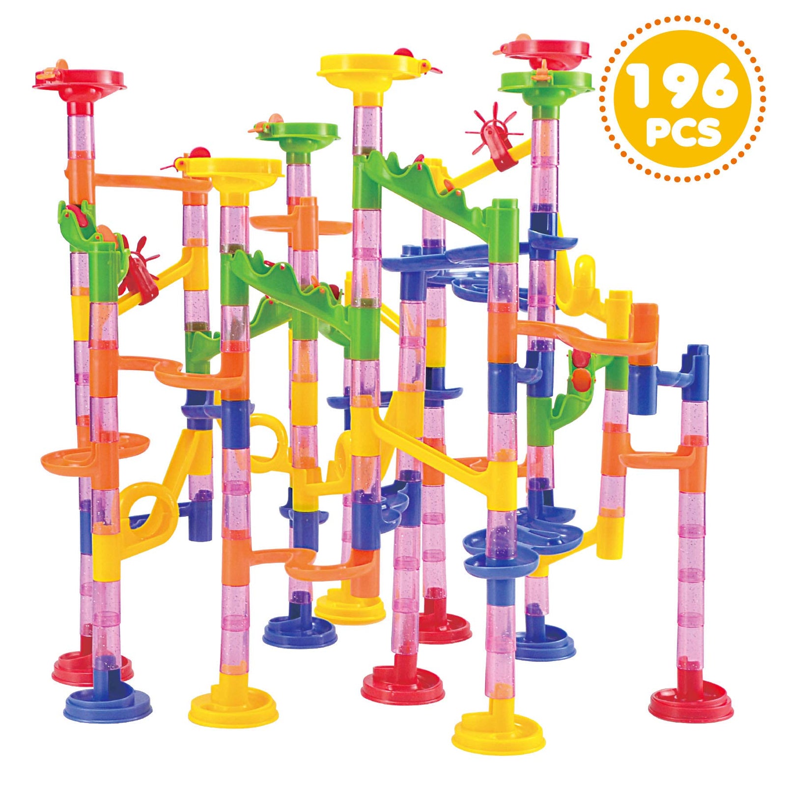 JOYIN Marble Run Premium Set（196 Pcs）, Construction Building Blocks Toys, STEM Educational Toy, Building Block Toy(156 Translucent Plastic Pieces+ 40 Glass Marbles)