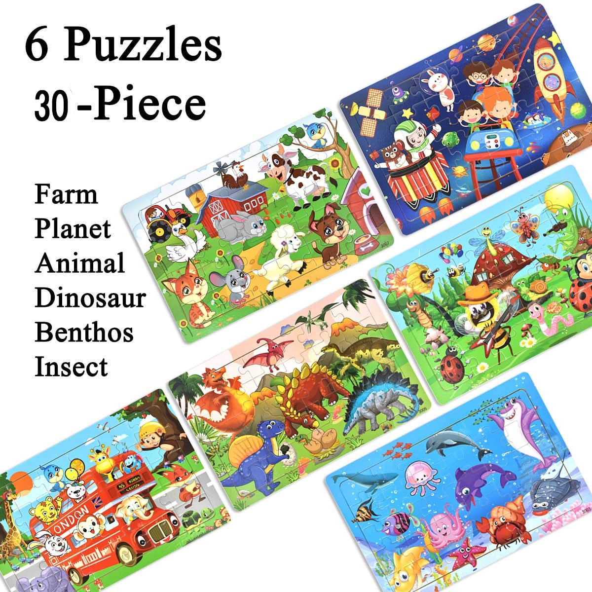 Wooden Jigsaw puzzles for kids ages 3-5 Year Old 30 Piece Colorful Wooden Puzzles for Toddler Children Learning Educational Puzzles Toys for Boys and Girls Set for Kids 3 4 5 6 Year Old (6 Puzzles)
