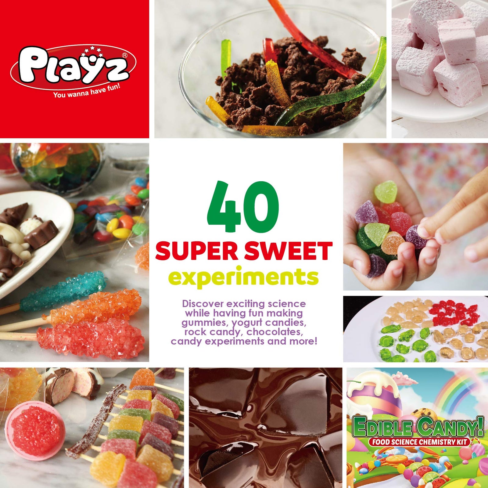 Playz Edible Candy! Food Science STEM Chemistry Kit - 40+ DIY Make Your Own Chocolates and Candy Experiments for Boy, Girls, Teenagers, & Kids Ages 8, 9, 10, 11, 12, 13+ Years Old