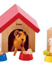 Family Pets Wooden Dollhouse Animal Set by Hape | Complete Your Wooden Dolls House with Happy Dog, Cat, Bunny Pet Set with Complimentary Houses and Food Bowls
