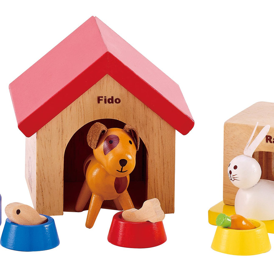 Family Pets Wooden Dollhouse Animal Set by Hape | Complete Your Wooden Dolls House with Happy Dog, Cat, Bunny Pet Set with Complimentary Houses and Food Bowls