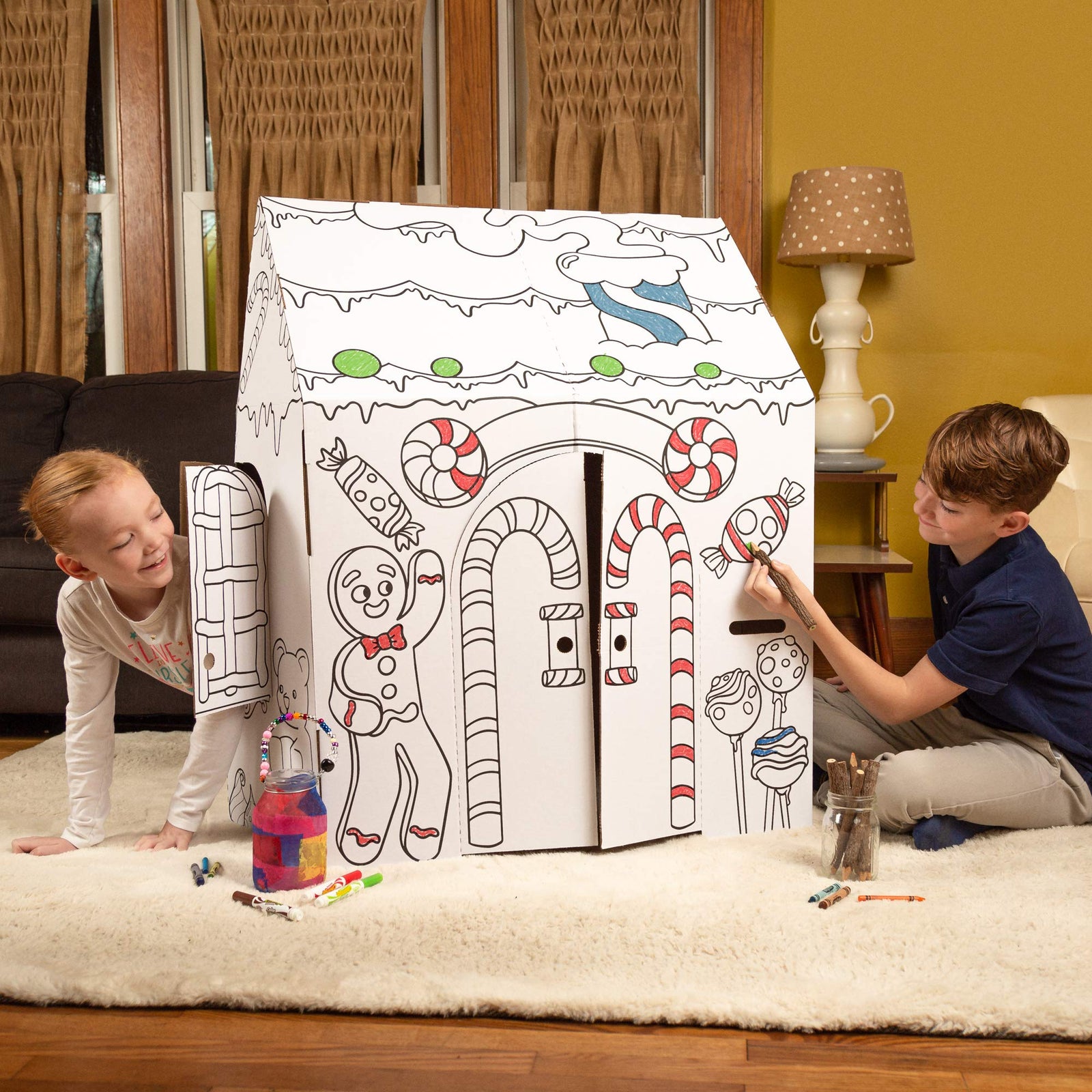 Easy Playhouse Gingerbread House - Kids Art & Craft for Indoor Fun, Color Favorite Holiday Sweets & Winter Friends– Decorate & Personalize a Cardboard Fort, 32" X 26. 5" X 40. 5" - Made in USA, Age 3+