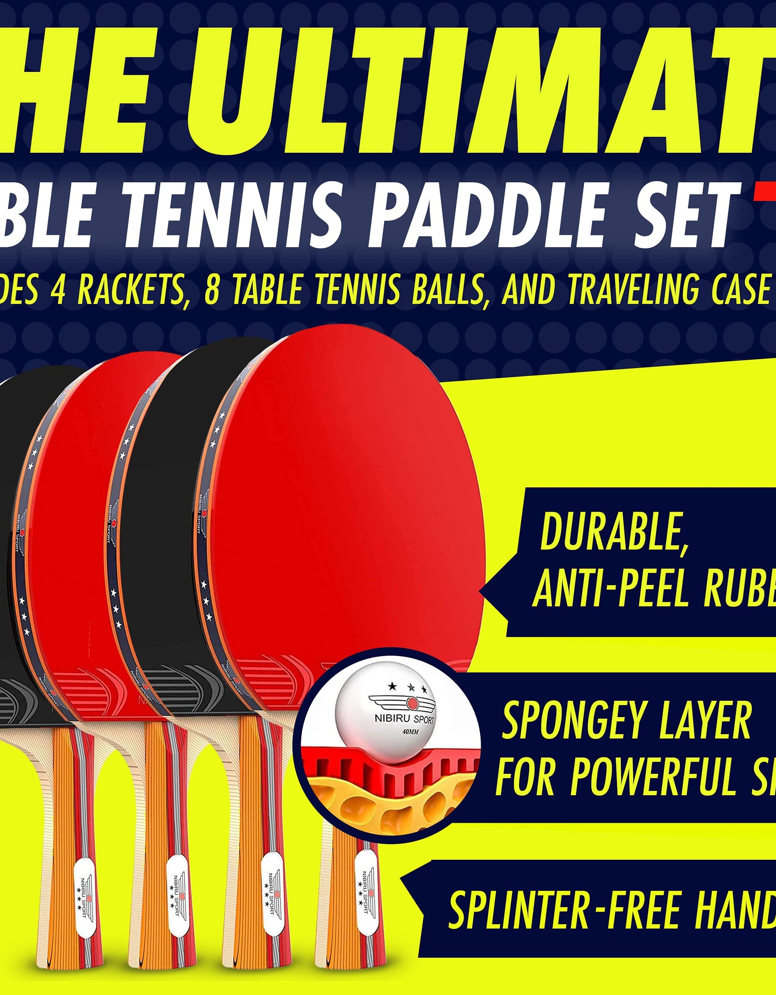 Nibiru Sport Ping Pong Paddles Set of 4 - Table Tennis Paddles, 8 Balls, Storage Case - Table Tennis Rackets & Game Accessories