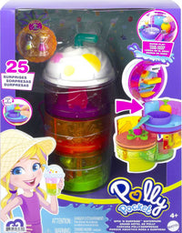Polly Pocket Spin ‘n Surprise Compact Playset, Tropical Smoothie Shape, Waterpark Theme, 3 Floors, 25 Surprise Accessories Including Polly & Shani Dolls, Great Gift for Ages 4 Years Old & Up
