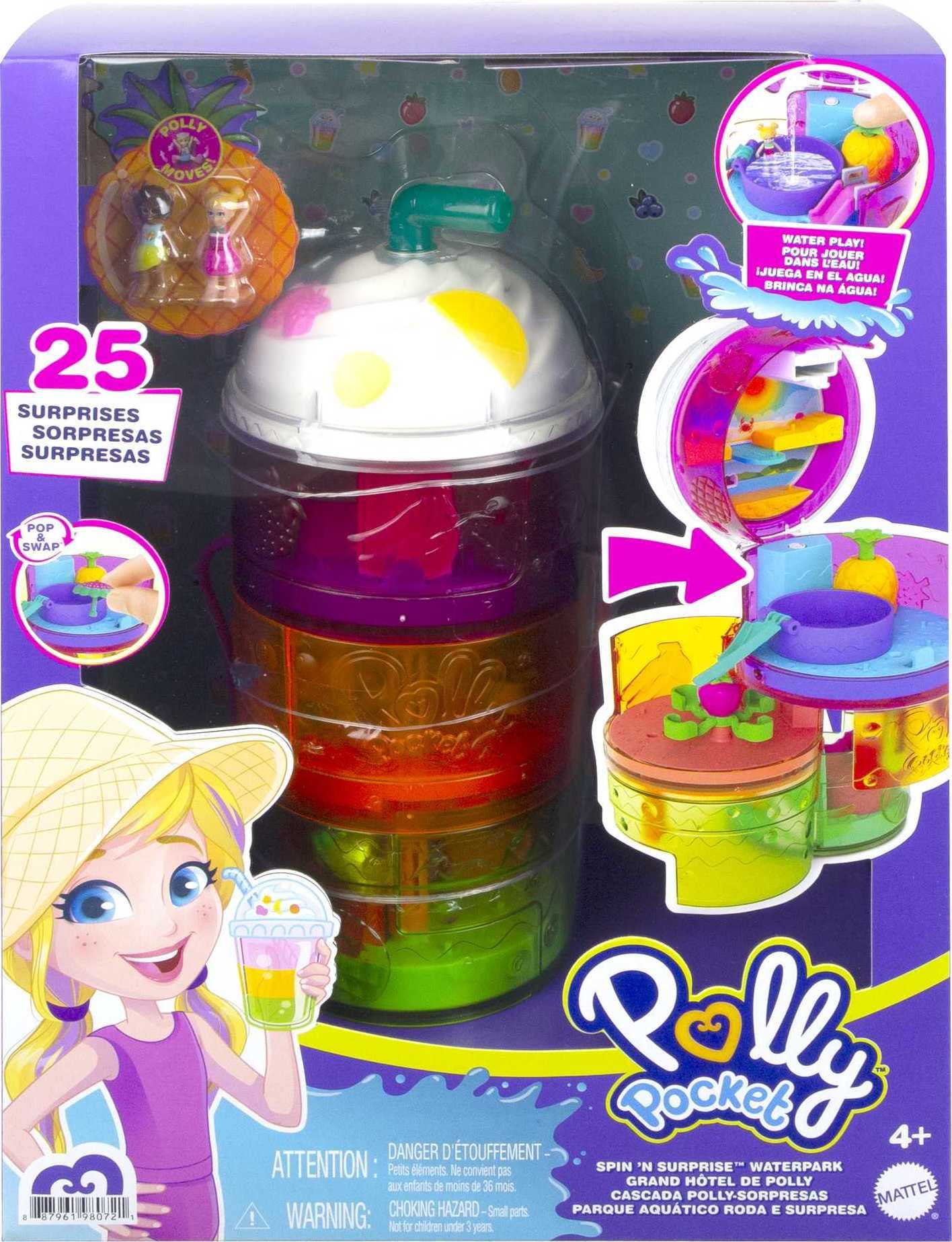 Polly Pocket Spin ‘n Surprise Compact Playset, Tropical Smoothie Shape, Waterpark Theme, 3 Floors, 25 Surprise Accessories Including Polly & Shani Dolls, Great Gift for Ages 4 Years Old & Up