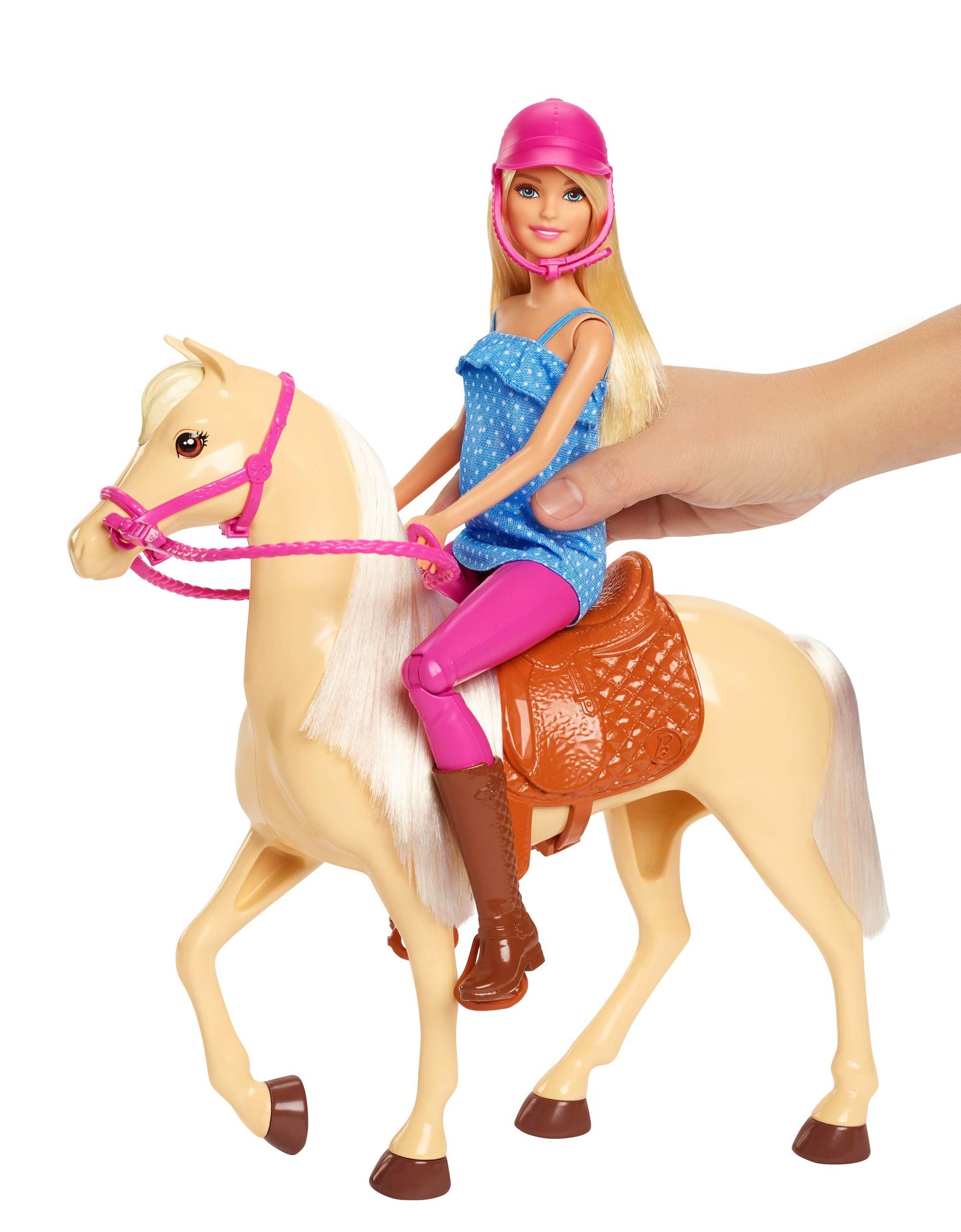Barbie Doll, Blonde, Wearing Riding Outfit with Helmet, and Light Brown Horse with Soft White Mane and Tail, Gift for 3 to 7 Year Olds