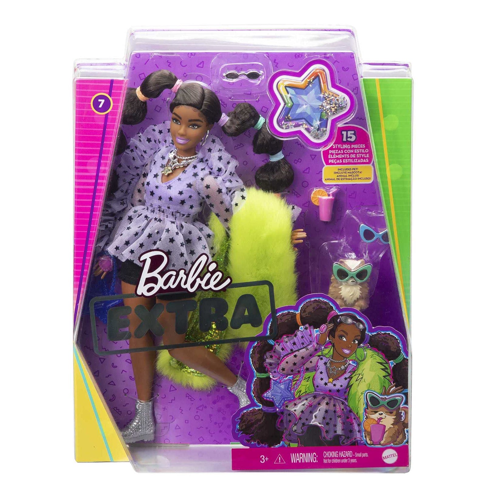 Barbie Extra Doll #7 in Top, Shorts & Furry Shrug with Pet Pomeranian, Long Pigtails with Rainbow Hair Ties, Outfit & Accessories, Multiple Flexible Joints, Gift for Kids 3 Years Old & Up