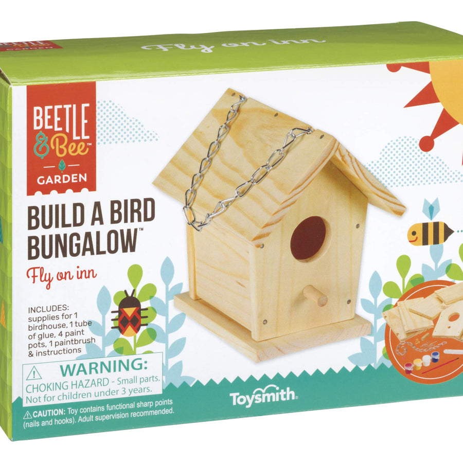 Toysmith Beetle & Bee Build A Bird Bungalow - DIY Kid Art Craft Outdoor Birdhouse Kit, 6" x 4" x 6", Hardware & glue included- 4 Paints, 1 Brush, 7 Wooden Pcs, Chain for Tree Hanging, Age 5+