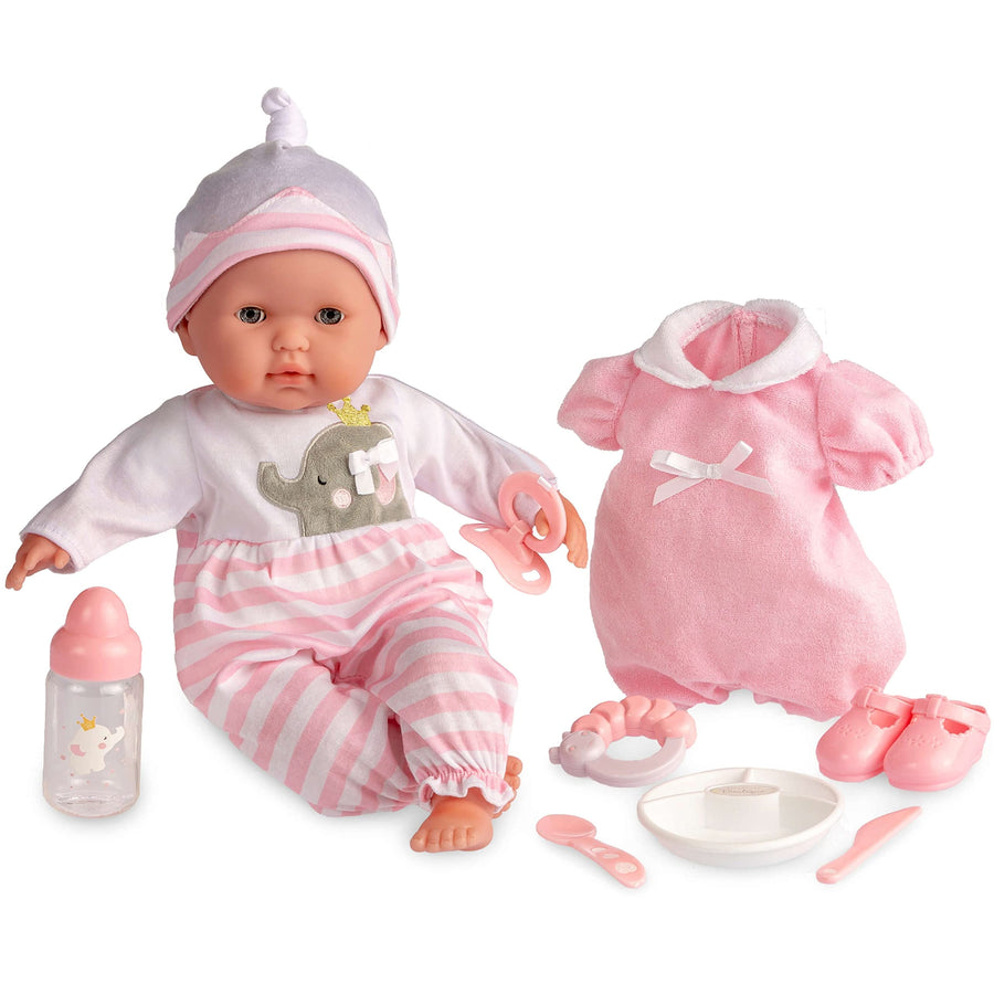 15" Realistic Soft Body Baby Doll with Open/Close Eyes | JC Toys - Berenguer Boutique | 10 Piece Gift Set with Bottle, Rattle, Pacifier & Accessories | Pink | Ages 2+