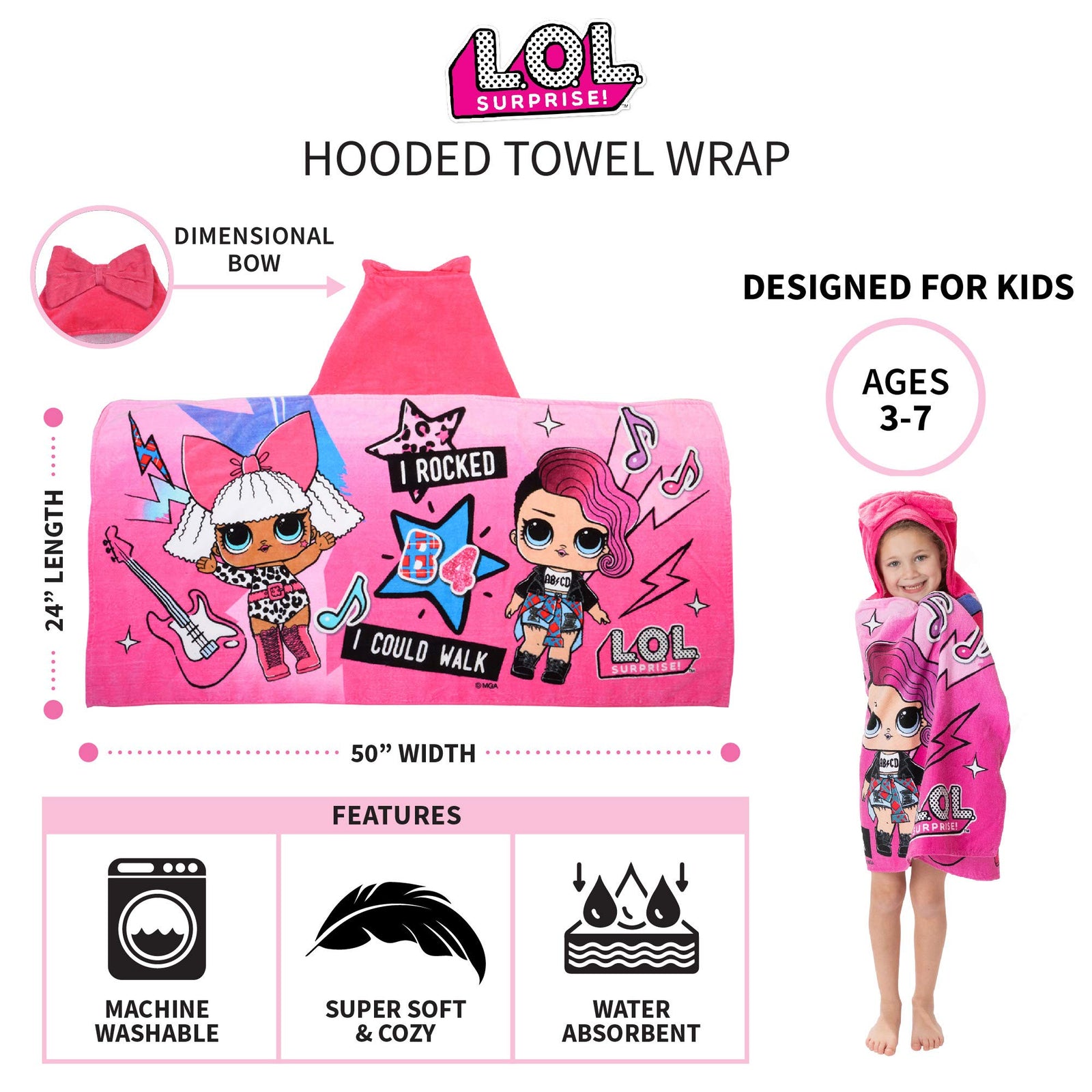 L.O.L. Surprise! Soft Cotton Hooded Bath Towel Wrap 24” x 50” Pink