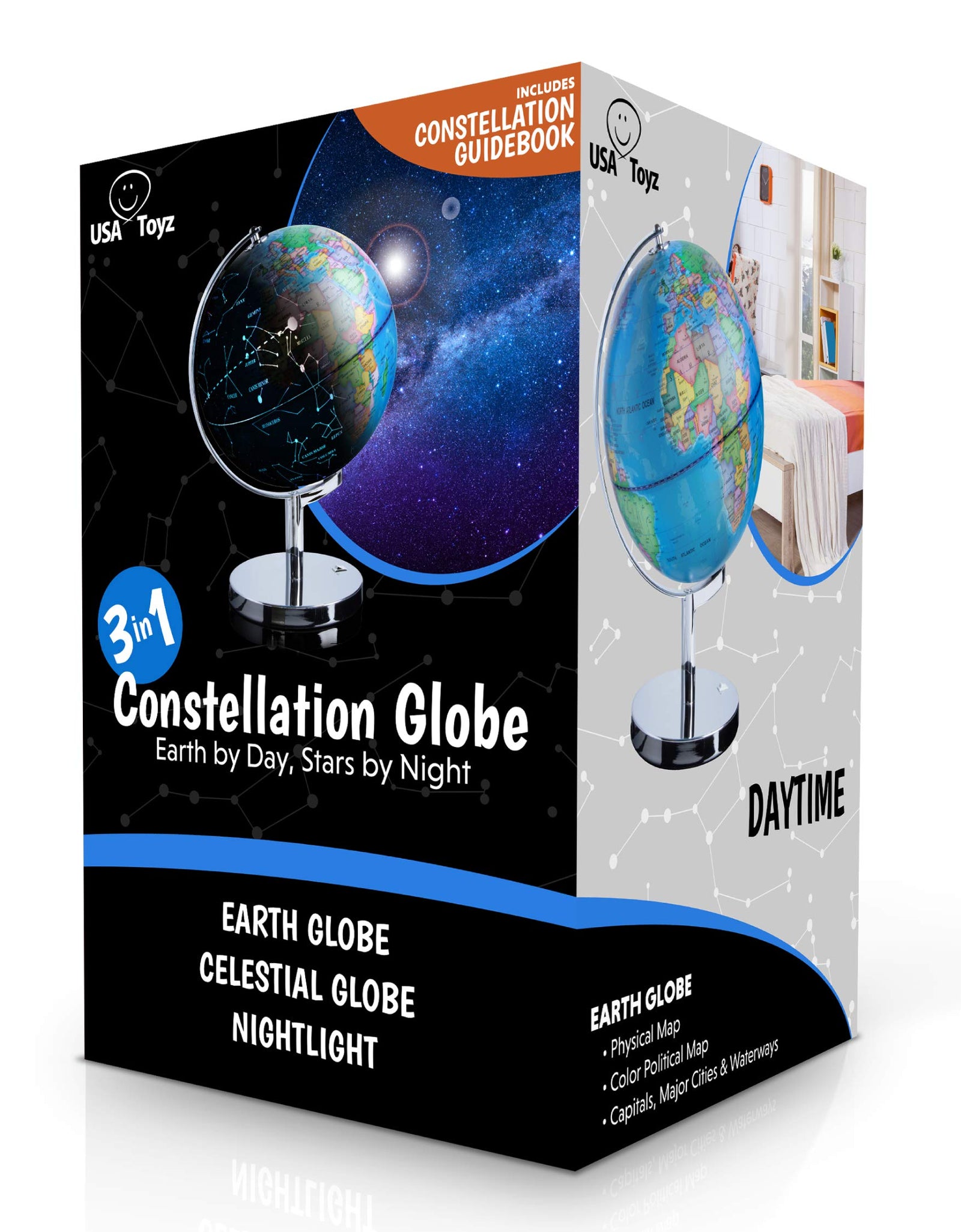 USA Toyz Illuminated Globe of The World with Stand - 3in1 World Globe, Constellation Globe Night Light, and Globe Lamp with Built-in LED, Easy to Read Texts, and Non-Tip Base, 13.5 Inch Tall