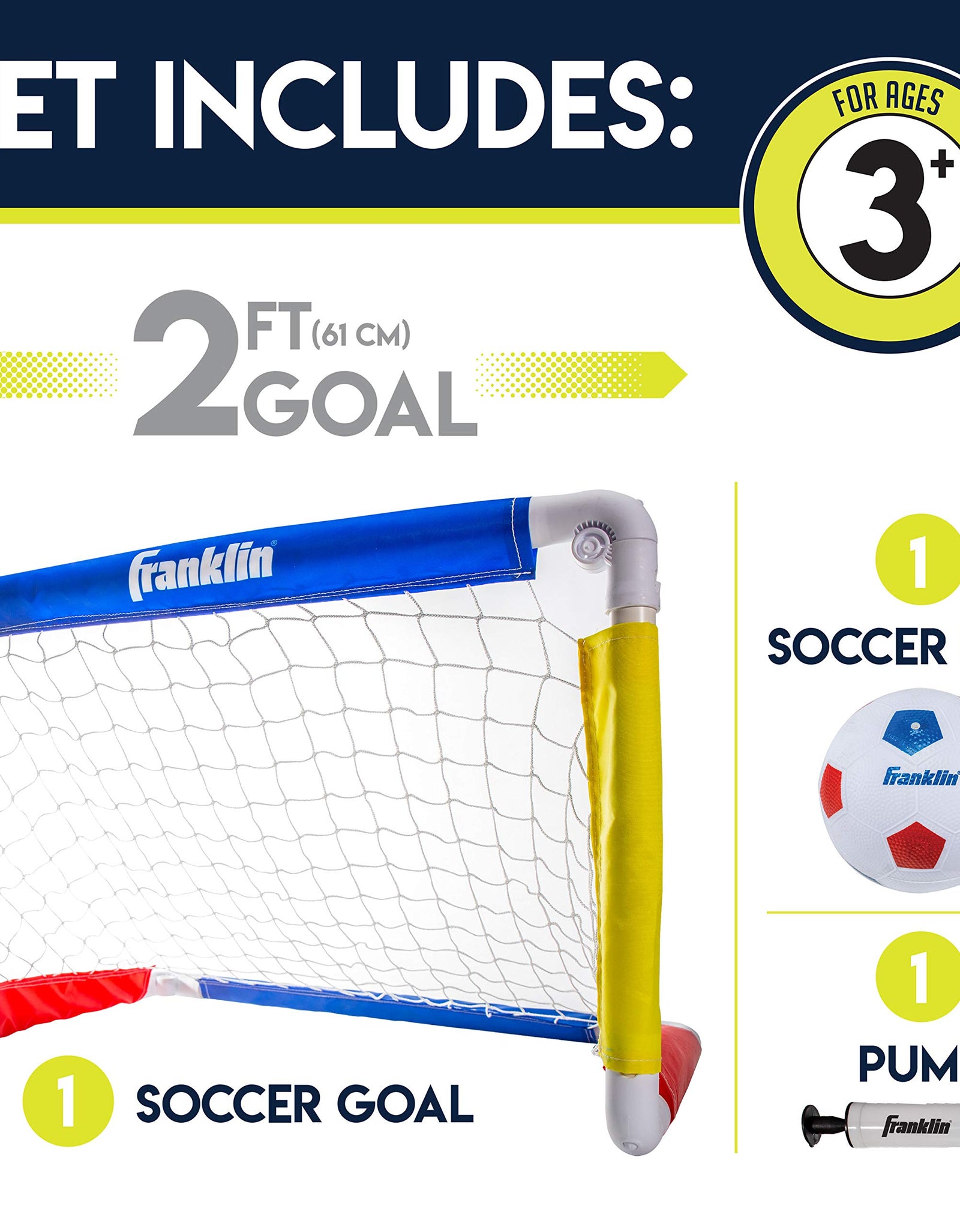 Franklin Sports Kids Mini Soccer Goal Set - Backyard/Indoor Mini Net and Ball Set with Pump - Portable Folding Youth Soccer Goal Set - 24" x 16" , Red/Blue/Yellow