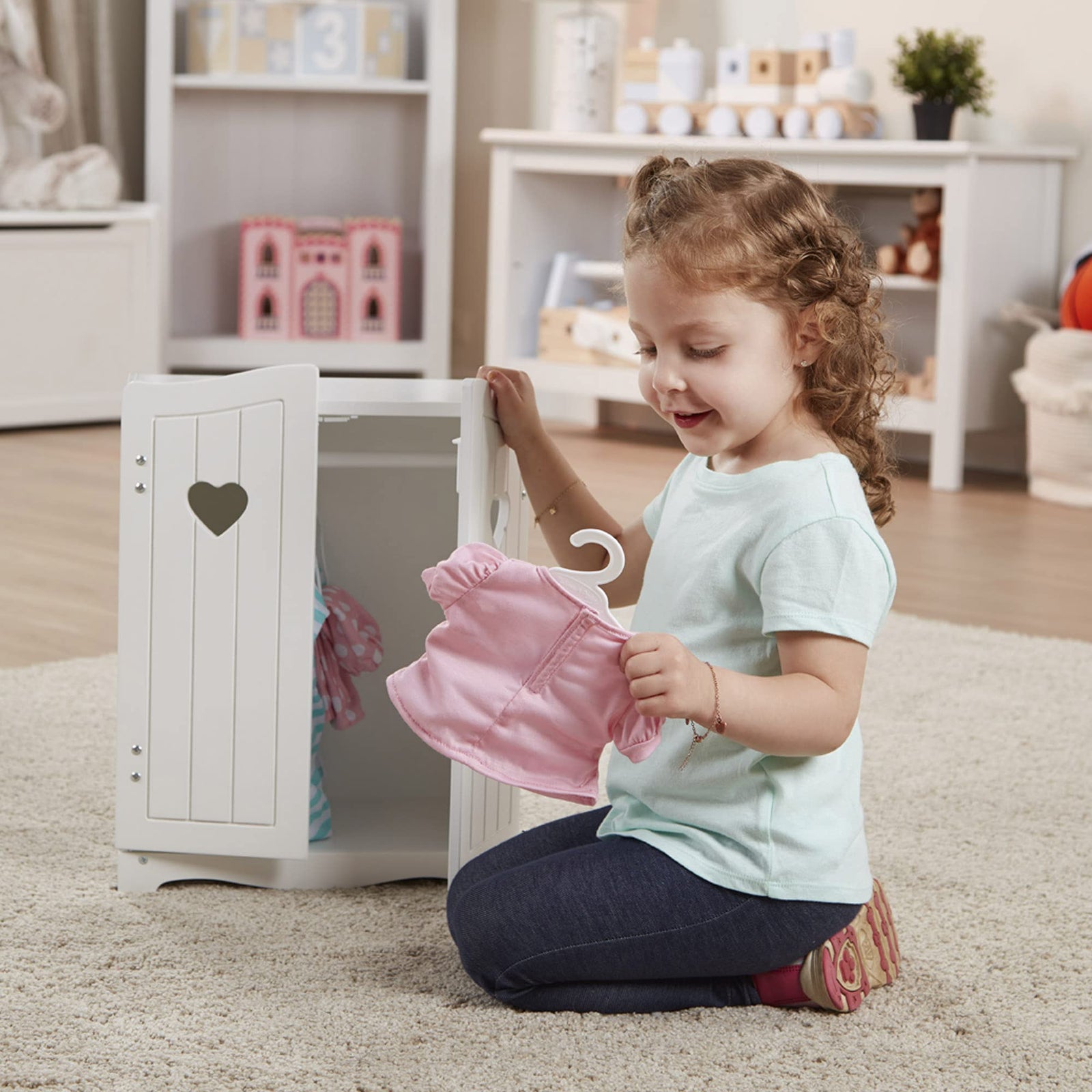 Melissa & Doug Mine to Love Wooden Play Armoire Closet for Dolls, Stuffed Animals - White (17.3”H x 12.4”W x 8.5”D Assembled)