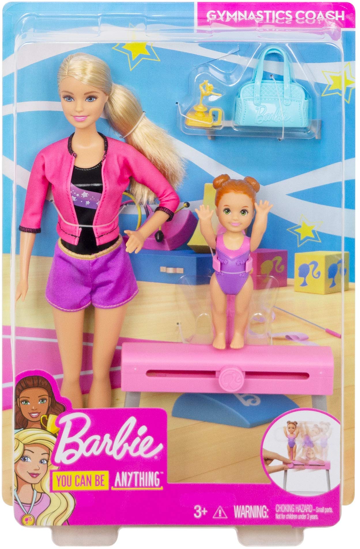 Barbie Gymnastics Coach Dolls & Playset with Blonde Coach Barbie Doll, Brunette Small Doll and Balance Beam with Sliding Mechanism, Gift for 3 to 7 Year Olds [Amazon Exclusive]