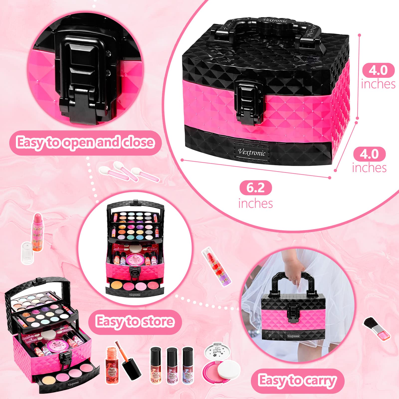 Vextronic Girl Makeup Toy Set 30 Pcs Washable Kids Makeup Kit for Girls, Pretend Play Makeup Kit for Kids, Non-Toxic, Real Cosmetic Toy Beauty Set for Kids Birthday Gift