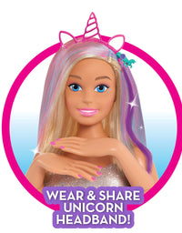 Barbie Deluxe 20-Piece Glitter and Go Styling Head, Blonde Hair and Unicorn Headband, by Just Play
