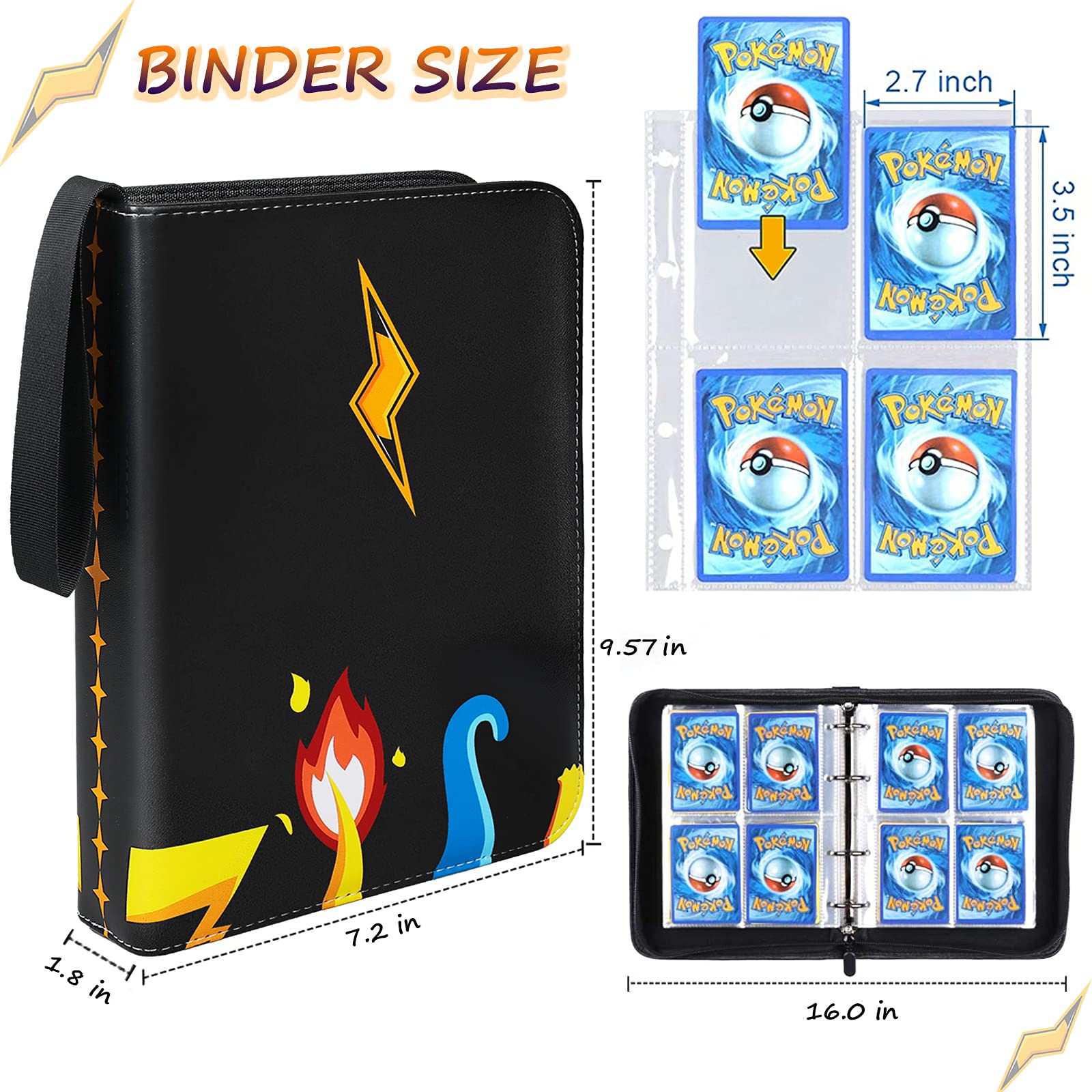 4-Pocket Binder for Pokemon Cards, Pokemon Card Binder with 50 Removable Sheets Holds 400 Cards, Trading Card Binder for Card Collector Album Holder Storage Book Folder-Toys Gifts for Boys Girls