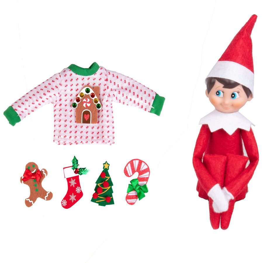 Elf On The Shelf Boy with Customizable Christmas Sweater Set - Blue Eyed Boy Elf w Book, Sweater, and Five Festive Holiday Outfit Decorations