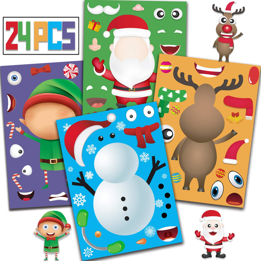 Nice Size Make Face Stickers for Kids, Christmas Sticker Sheets Kids Classroom Rewards Christmas DIY Stickers for 24 Players (Snowman Santa Claus Elf Reindeer)