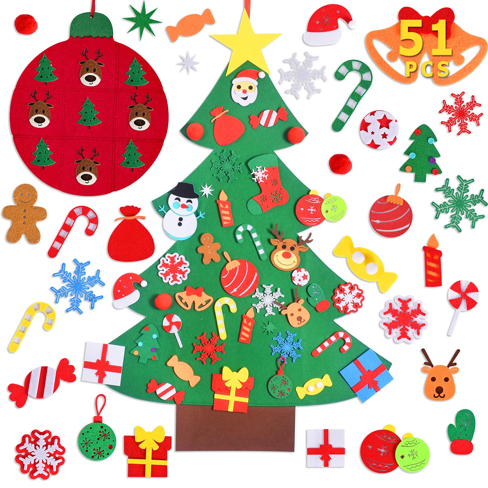 Max Fun DIY Felt Christmas Tree Set with 40Pcs Ornaments Wall Hanging Decorations Plus Tic-Tac-Toe Game Children's Felt Craft Kits for Kids Xmas Gifts Party Favors